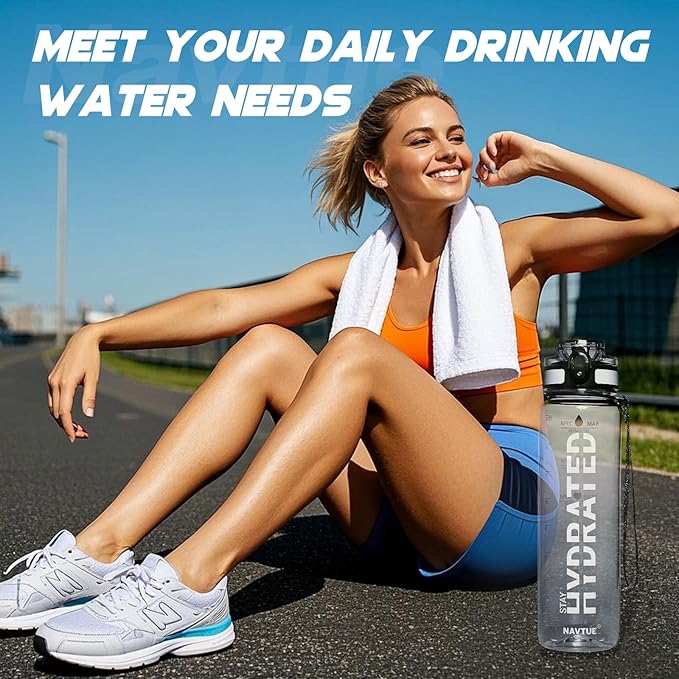 Water Bottle, 32 oz Sports Water Bottles with Time Marker Wide Mouth, Motivational and Leakproof Drink Bottle, BPA Free Tritan with Carry Strap for Gym Fitness Outdoor(Direct Drink 1 Bottle)