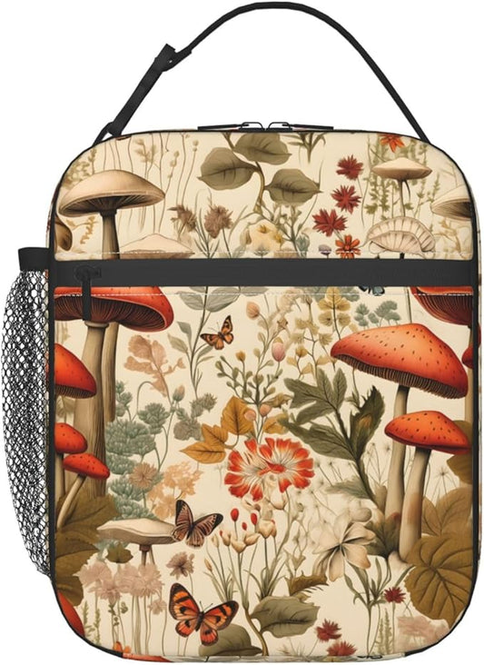 Reusable Mushroom Retro Lunch Box for Kids, Insulated Butterfly Floral Vintage Bag,Polyester Cooler Nature Lovers Handbags Case for School Picnic Work Travel Beach or Hiking, Gifts