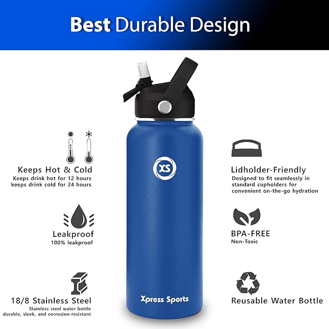 32oz Insulated Water Bottle with Straw & Handle- 24hr Cold/12hr Hot, Leakproof Stainless Steel Metal Bottle for Gym, Travel & Sports