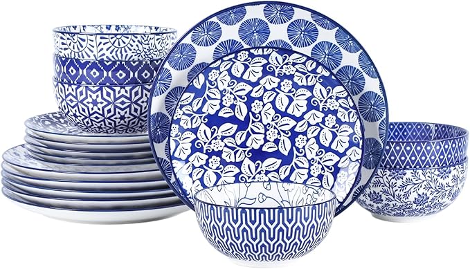 Selamica Ceramic Dinnerware Sets for 6, 18 Pieces Plates and Bowls Set, Scratch Resistant Dishes Set, Dishwasher&Microwave Safe, Vintage Blue
