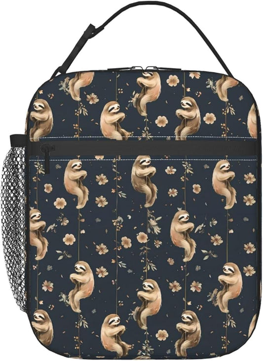 Sloth Polyester Lunch Box for Kids Teen,Cute Reusable Thermal Lunch Bag for Adult Women,Dark Insulated Tote Cooler Bags for School,Work,Picnic,Travel,Playful Night Floral Theme