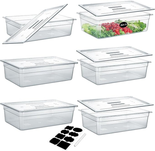 6 Pack NSF Food Pans with Lids, Full Size 6'' Deep Commercial Food Storage Containers, Polycarbonate, Clear