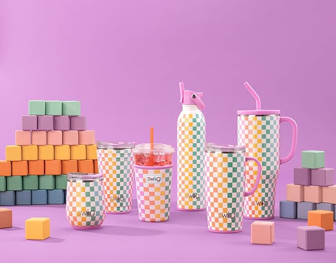 Swig Life 18oz Travel Mug, Insulated Tumbler with Handle and Lid, Cup Holder Friendly, Dishwasher Safe, Stainless Steel, Checkered Tumbler with Handle (Check Mate)