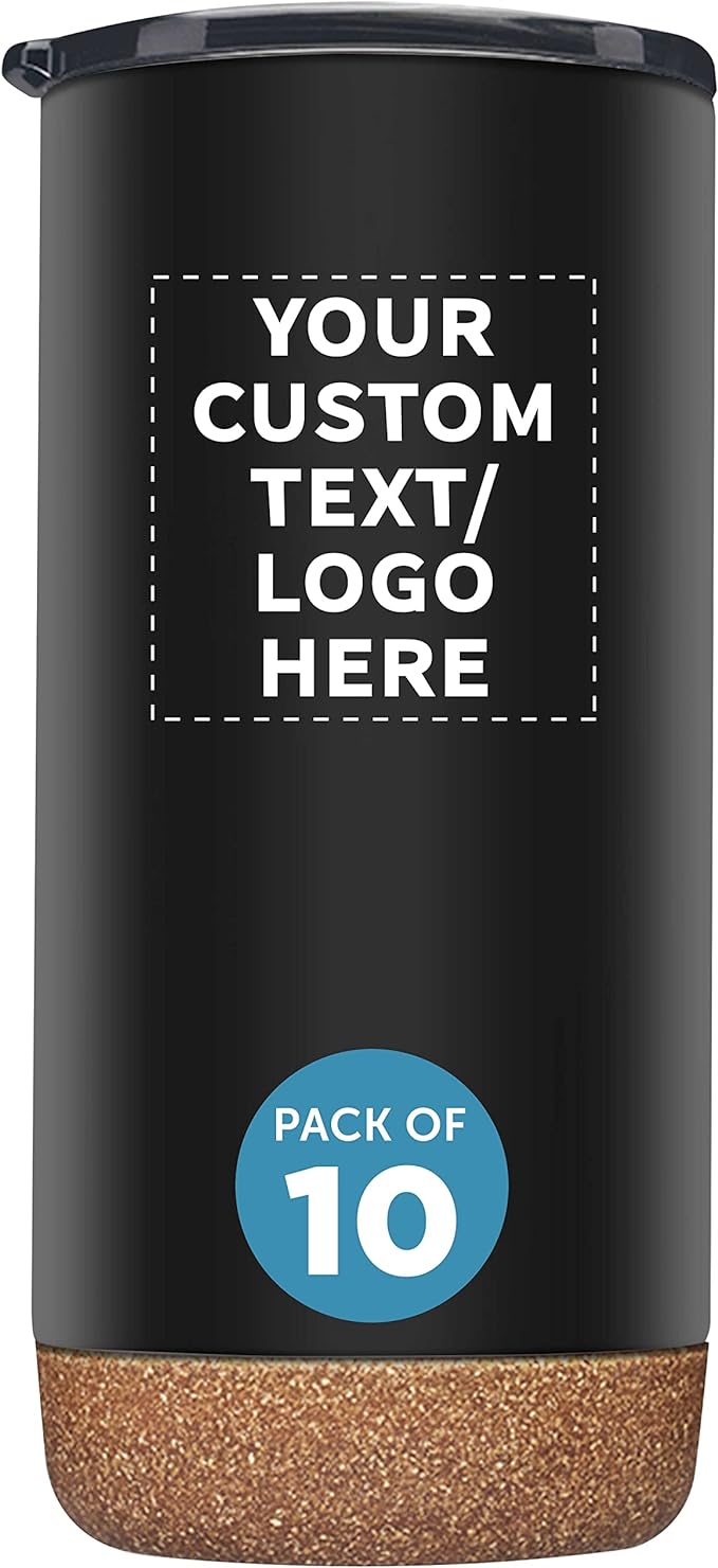 Custom Travel Tumblers with Cork Bottom 16 oz. Set of 10, Personalized Bulk Pack - Double Wall Insulated, Matte Finish, Perfect for Iced Coffee, Soda, Other Beverages - Black