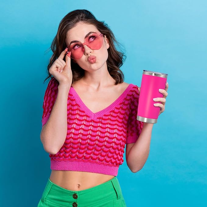 20 oz Tumbler with lid Double Wall Vacuum Insulated Tumblers Stainless Steel Coffee Mug Travel Coffee Tumbler Powder Coated Tumbler Cup Keep Hot&Cold - (Hot Pink 6 Pack)