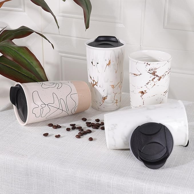 ANTIS'S HOME Ceramic Coffee Mug with Lid, Flower Pattern Double Wall Coffee Travel Mug Ceramic Tumbler 9.64oz, Reusable Tall Cup, Splash Resistant Lid, Dishwasher Microwaveable Safe