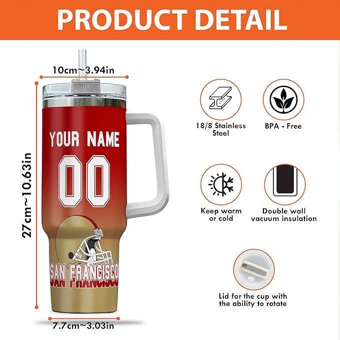 Custom 40oz Football Stainless Steel Tumbler with Handle & Straw, Personalized Insulated Travel Mug, Name & Number Cup, Tailgating Sports Gift (San Francisco Colors)