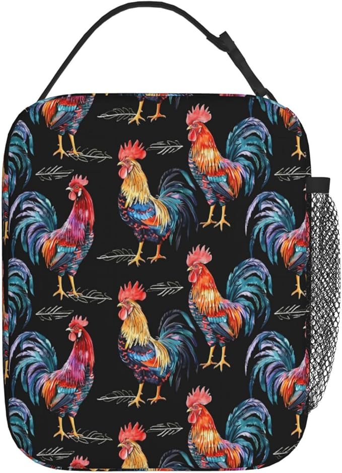 Reusable Colorful Rooster Lunch Box for Kids Girls Boys Women Adult, Insulated Chicken Black Lunch Bag,Polyester Cooler Handbags Case for School Picnic Work Travel Beach or Hiking