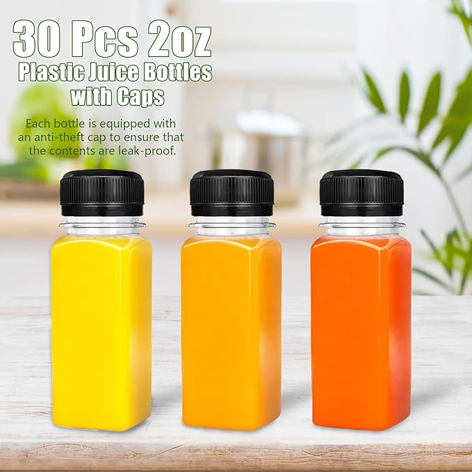 30 Pcs 2oz Plastic Juice Bottles with Caps,Reusable Clear Drink Containers,Transparent Square Bottle with Lids for Juices,Milk,Smoothies,Tea and Other Beverages(Black)