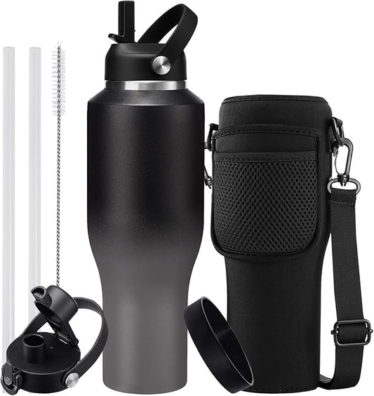 40oz Insulated Water Bottle with Straw - Auto Spout Lid, Protective Boot, Carrier Pouch, Vacuum Stainless Steel Water Bottles Leak-proof, Skinny Thermo Mug Flask Fit in Car Bike Cup Holder