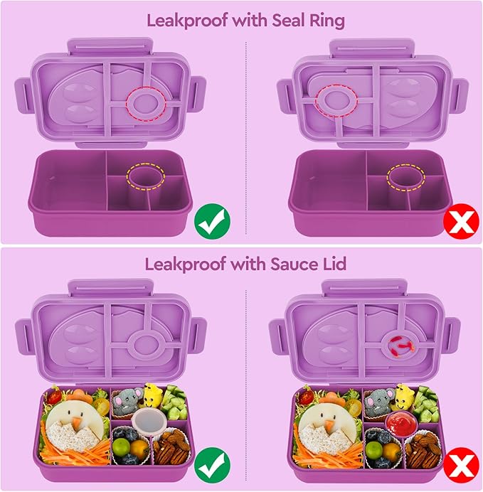Bento Box Adult Lunch Box,Lunch Containers for Adults Kids,5-Compartment Bento Box for Kids Snack Boxes with Cutlery (Purple)