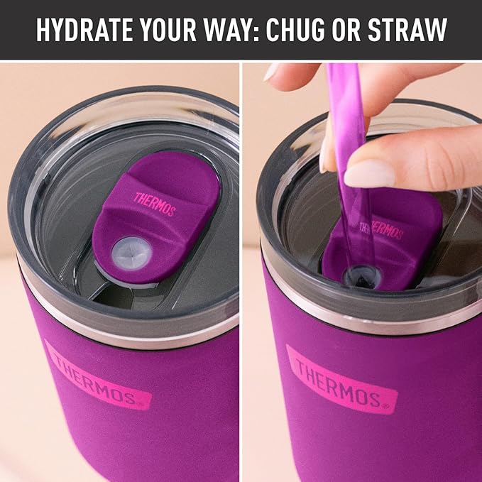 THERMOS Stainless Steel Cup Holder Mug - 40 Ounce, Plum - Insulated Tumbler with Lid and Straw, Plus Leak-Resistant Slide Lock