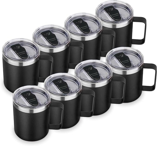 Volhoply 14oz Insulated Stainless Steel Coffee Mug with Lid Bulk 8 Pack,Double Wall Vacuum Travel Coffee Cup with Handle,Reusable Metal Cups Tumbler,Camping Mugs Keep Hot,Ideal Gifts(Black,8)