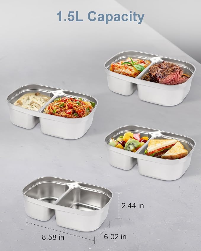 1.5L Lunch Box Inner Container with Lid, Dual Compartment Stainless Steel Food Container, Removable Replacement Tray, Dishwasher Safe