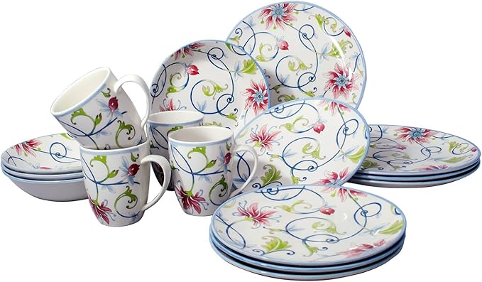 Tudor Royal Collection 16-Piece Round Dinnerware Set, Service for 4, Botanical Design, Plates Bowls Dishes, High-Gloss Premium Quality
