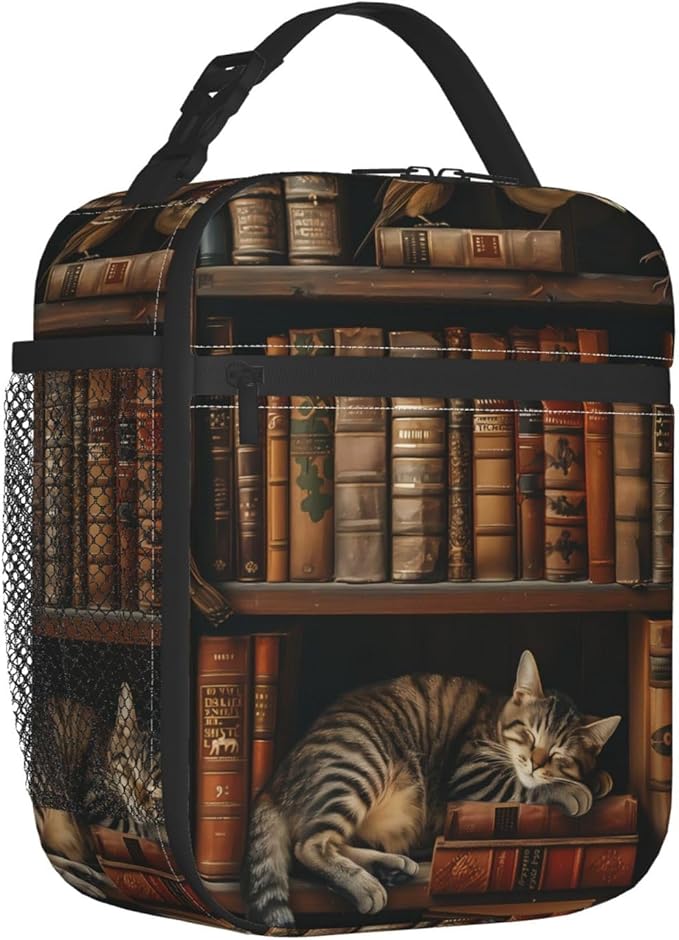 Reusable Vintage Library Cat Lunch Box for Kids Girls Boys Women Adult, Insulated Book Retrolunch Bag,Polyester Cooler Handbags Case for School Picnic Work Travel Beach or Hiking