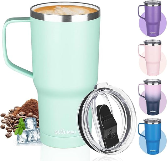 20 oz Insulated Coffee Mug with Ceramic Coating, Stainless Steel Travel Mug Tumbler with Handle Lid and Straw, Double Wall Leak-Proof Coffee Travel Mug Keeps Drink Hot and Cold (Green)