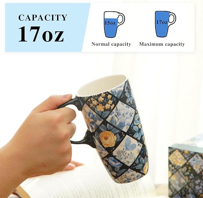 Topadorn Ceramic Mug Porcelain Latte Tea Cup Coffee Mug with Gift Box 17oz.Plaid Flower