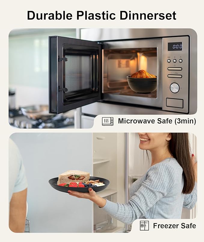 Quatish 16 Piece Plates and Bowls Sets for 4, Unbreakable Dinnerware Sets, Plastic Dish Set for Camping, Dishwasher Microwave Safe, Outdoor Kitchen and Apartment Dinning RV Essentials, Black