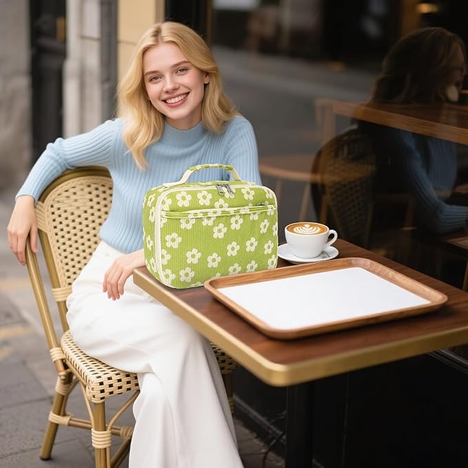 Bluboon Kids Girls Lunch Bag Insulated Lunch Box for school Corduroy Lunch Cooler Organizer School Kids Lunch Tote (Corduroy-Brown) (Beige Flower Green)