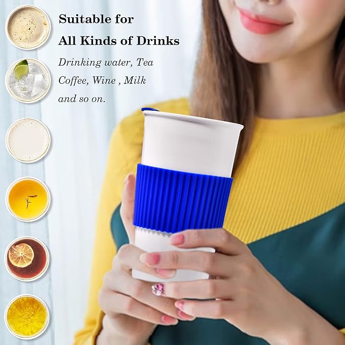 12 oz Travel Coffee Mug, Ceramic Double Wall Insulated Mug No Handle with Splash Resistant Lid & Non-Slip Silicone Sleeve, Travel Must-Have White Coffee Cup, Reusable, Gifts For Women & Men, Blue