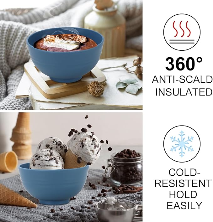 Wrova wheat straw dessert bowls 10oz set of 8 - Unbreakable snack Bowls Dishwasher Safe - Handy Bowls for Ice Cream,Yogurt and Fruits. Blue