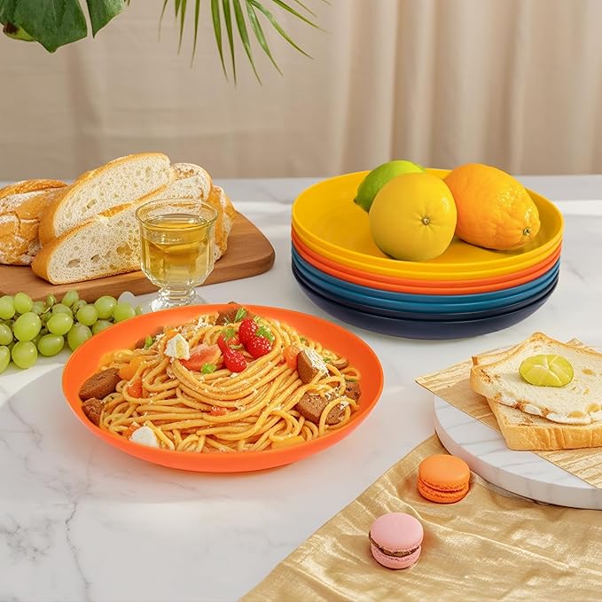 Supernal Wheat Straw Dinner Plates Reusable &Durable Plastic Plates Plastic Dinnerware 16-Pack (4 Orange, 4 Yellow, 4 Blue, 4 Dark Blue), Perfect for Dinner,Party,Outdoor Use