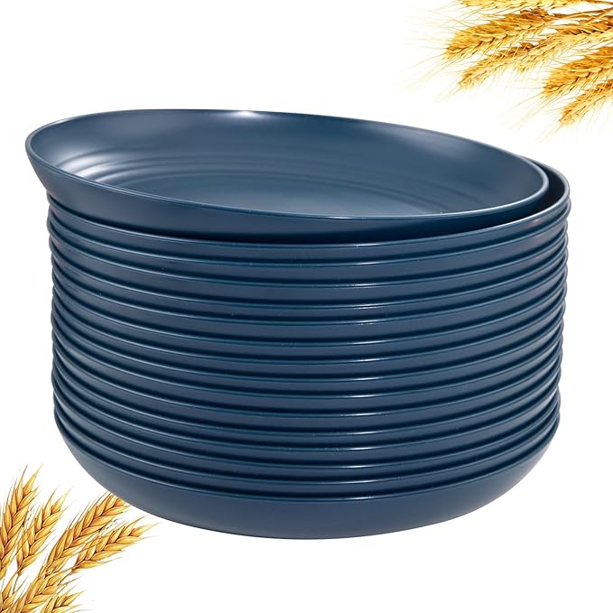 Supernal 16pcs Dark Blue Wheat Straw Plates,Deep Dinner Plates Set,Premium Reusable Plastic Plates,Unbreakable Party Plates,Dishwasher & Microwave Safe for Camping, Picnic