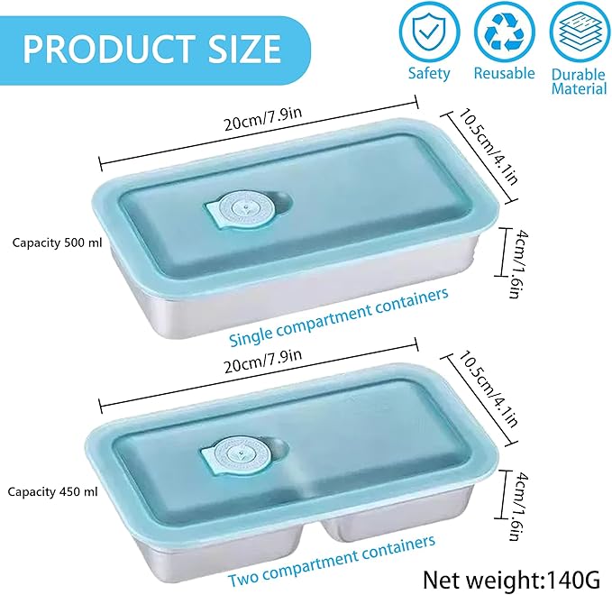 Stainless Steel Snack Containers with Lids Meal Prep Food Storage Container Lunch Box Multi Compartment Reusable Leak-Proof Design for Travel,Snacks, Sandwiches,Condiments Bento Box Office Home