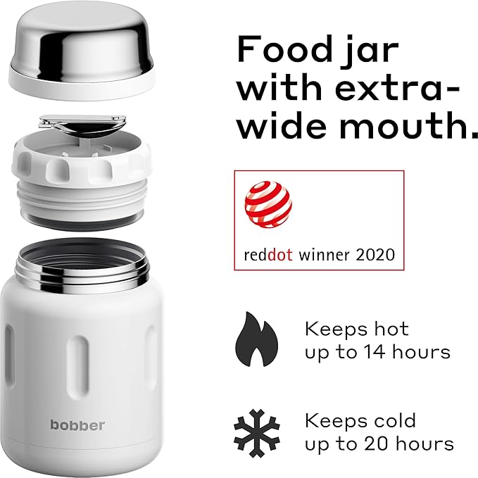 BOBBER Jerrycan - 24 Oz Insulated Stainless Steel Thermo Food Jar With Extra-Wide Mouth, Built-in Spoon and Bowl - Keeps Hot for 14 Hours and Cold for 20 Hours (Grey)
