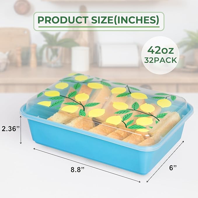 32 Pack 42 oz Meal Prep Containers, Reusable Plastic Food Prep Storage Containers with Printed Lids, Stackable, Leakproof, Microwave & Freezer & Dishwasher Safe,To Go Take Out Box, Lemon