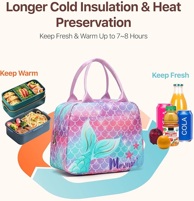 Bagseri Lunch Bag for Girls - Insulated Kids Lunch Bag for Girls Portable Reusable Toddler Lunch Cooler Bag for School with Leakproof Liner (Purple Mermaid Tail)