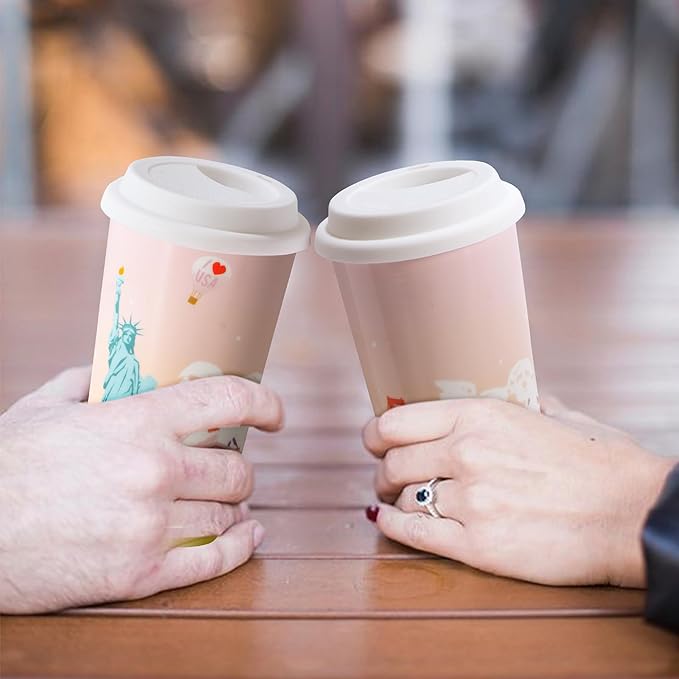 US Landmarks Travel Coffee Mug, Ceramic Coffee Travel Mug with Lid 12 Oz Double-wall To Go Travel Latte Cup for Car-Cup-Holder, Pale Pink for Women Men Girl Boy Sister Friends Birthday Christmas Gift