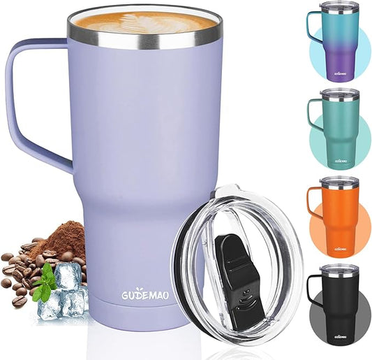 20 oz Insulated Coffee Mug with Ceramic Coating, Stainless Steel Travel Mug Tumbler with Handle Lid and Straw, Double Wall Leak-Proof Coffee Travel Mug Keeps Drink Hot and Cold (Light Purple)