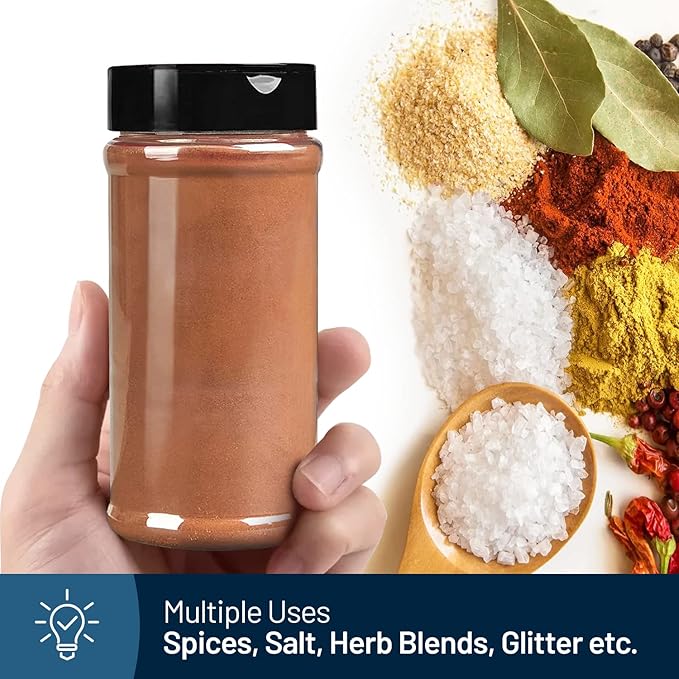 RoyalHouse 6 Pack 16 Oz Plastic Spice Jars with Black Cap, Clear and Safe Plastic Bottle Containers with Shaker Lids for Storing Spice, Herbs and Seasoning Powders, BPA Free, Made in USA