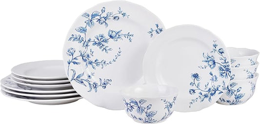 222 Fifth 12-Piece Porcelain Dinnerware Set for 4, White & Blue Plates and Bowls Set, Glossy Ceramic Dish Set with Beautiful Floral Design, Elegant Kitchen Dishes, Microwave & Dishwasher Safe, Bellamy