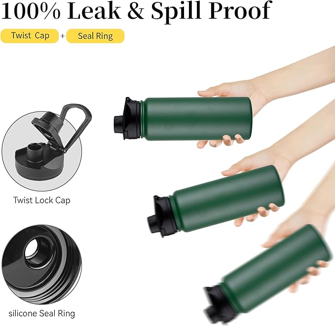 24 oz Insulated Water Bottle Bulk 4 Pack, Stainless Steel Sports Water Bottles with Straw Lid & Wide Mouth Lids, Double Walled Vacuum, Leak Proof, Dark Green