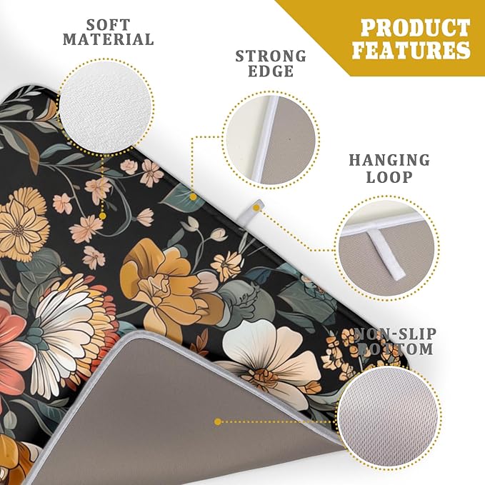 Vintage Floral Dish Drying Mat 18x24 inch Boho Flower Drainer Mats Fast Dry Absorbent Washable Dish Rack Pad Protector Kitchen Accessories