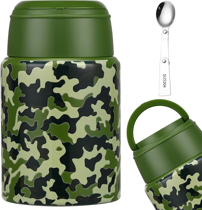 17oz Soup Thermo for Hot Food Kids Insulated Food Jar,Thermo Hot Food Lunch Container, Width Mouth Stainless Steel Lunch Box for Kids with Handle Folding Spoon(Army Green - Camouflage)