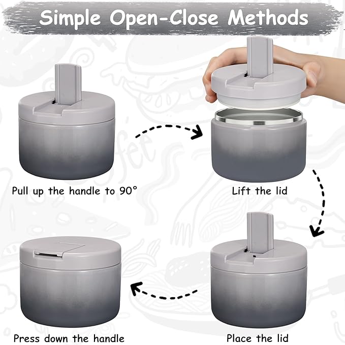 12oz Insulated Vacuum Food Jar with Buckle Lid Wide Mouth Soup Thermo for Hot Food Kids Leakproof Stainless Steel Lunch Container (Gradient Grey, 12OZ)