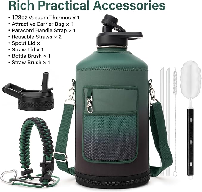 1 Gallon Water Bottle Insulated | Thickened Stainless Steel Vacuum Metal Water Jug | Portable Sports Large for Gym and Hiking with Straw, Carrier Bag, Handle Strap | BPA-Free 128 oz