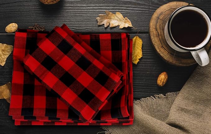 Urban Villa Buffalo Checks Kitchen Towels Set of 6 - Red/Black - 20x30 Inches - 100% Cotton - Highly Absorbent - Premium Quality - Ultra Soft - Mitered Corners