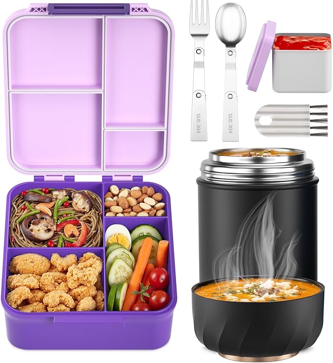 Bento Lunch Box for Kids, Lunch Box Adult with 17oz Soup Thermo, Folding Fork & Spoon, Leakproof Lunch Food Containers with 4 Compartment for School, Office, Travel and Park Pinic