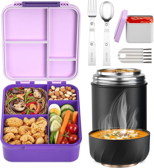 Bento Lunch Box for Kids, Lunch Box Adult with 17oz Soup Thermo, Folding Fork & Spoon, Leakproof Lunch Food Containers with 4 Compartment for School, Office, Travel and Park Pinic