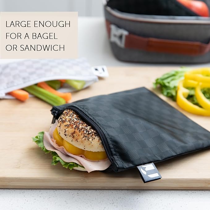 Roamio Reusable Sandwich and Snack Bags, for Kids School Lunch and for Adults Portion, Washable Fabric, Waterproof Cloth Zip Bag, Travel Pouch, Food-Safe Storage, Large 2-pk Black Check and Off White