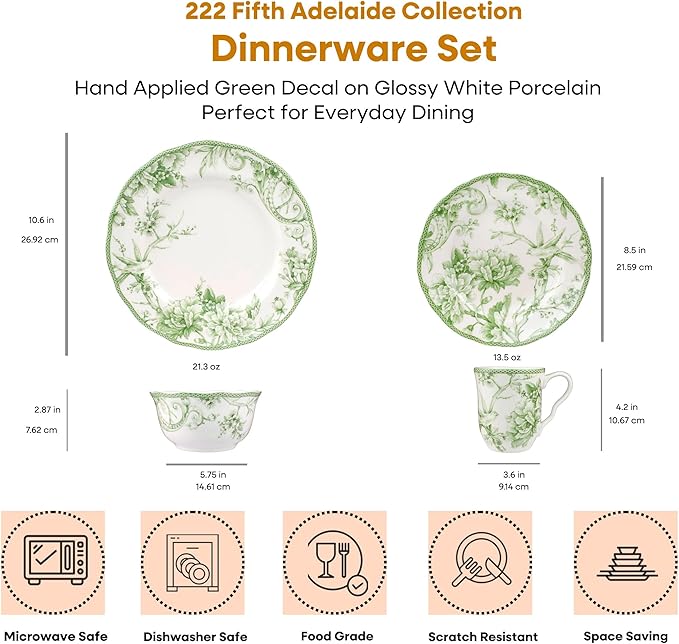 222 Fifth Adelaide Moss 16-Piece Porcelain Dinnerware Set – Service for 4, Plates, Bowls & Mugs, Hand-Applied Decal, Microwave & Dishwasher Safe, for Everyday Dining & Entertainment