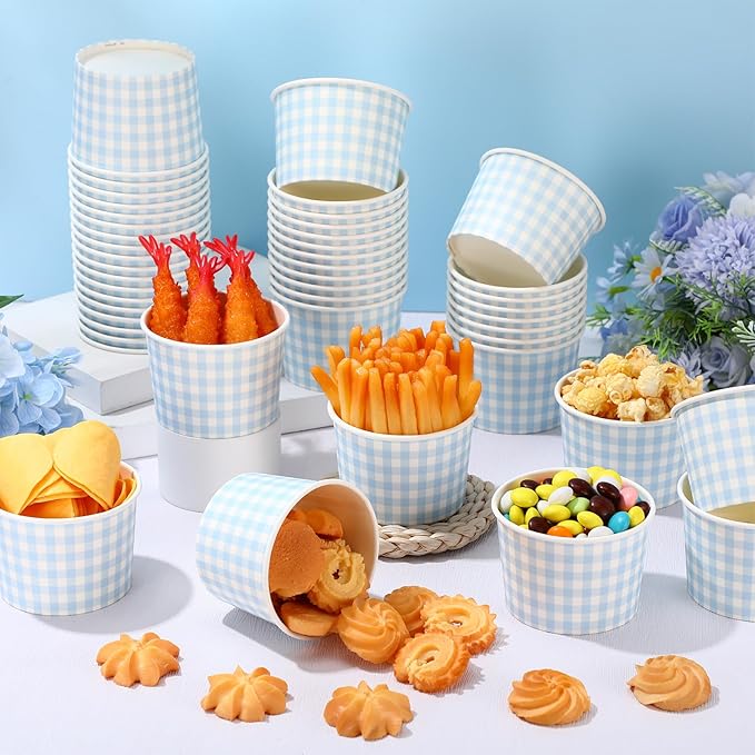 50 Pack Blue Gingham Ice Cream Cups 9 oz Blue and White Checkered Disposable Dessert Bowls Paper Soup Bowls Plaid Snack Cups for Hot or Cold Food for Baby Shower Wedding Birthday