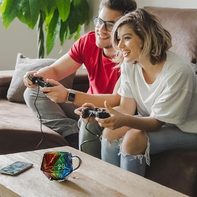 Rainbow D20 Dice Mug, Polyhedral Dice Coffee Cup with Handle, Game Mug for RPG Lovers, Game Night Mugs Gift for Fantasy Lovers