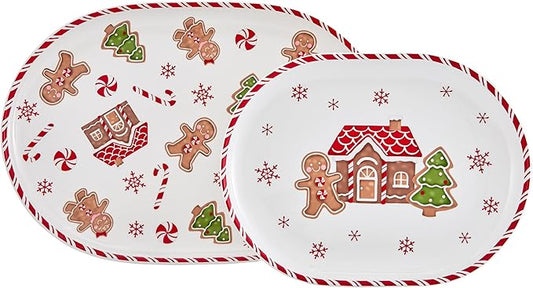 Bico Traditional Christmas Gingerbread Man Ceramic 16 inch plus 12 inch Ceramic Oval Platter, Set of 2, for Serving Turkey, Steak, Salad, Microwave & Dishwasher Safe