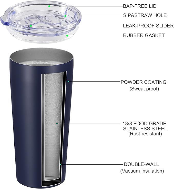VEGOND 20oz Tumbler Bulk with Lid and Straw 12 Pack, Stainless Steel Vacuum Insulated Tumbler, Double Wall Coffee Cup Travel Mug, Navy Blue